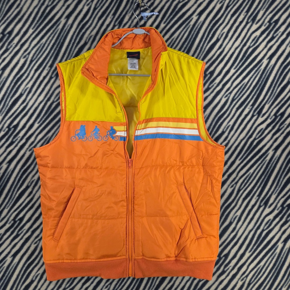 Stranger Things Netflix Mens Puffer Vest Orange Yellow Retro Bike Graphic L